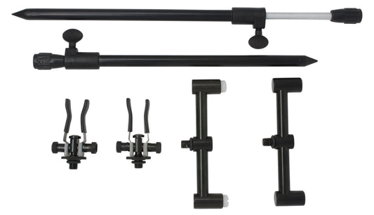 Phoxinus Mini Buzz Bars  AND  Bank Sticks  AND  Adjustable Anodised Aluminium Butt Rest in Black x 2